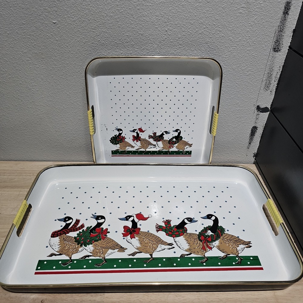 Christmas Canada Geese Serving Trays Set of 2 Holiday Goose Trays Vintage